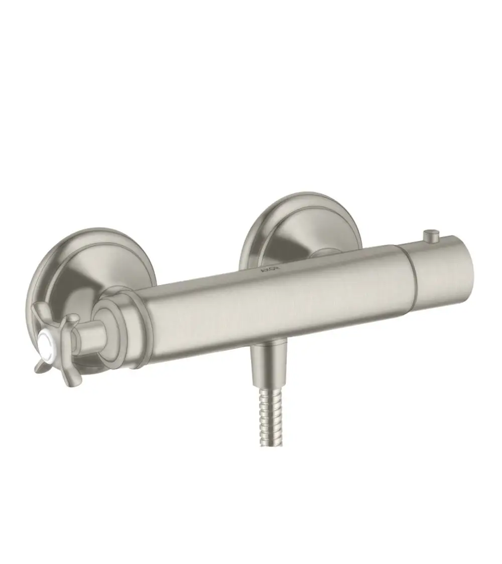 Brausethermostat in Edelstahl Optik von AXOR mit Kreuzgriff, wandmontiert, ausgestattet mit flexibler Anschlussmöglichkeit für einen Duschschlauch.